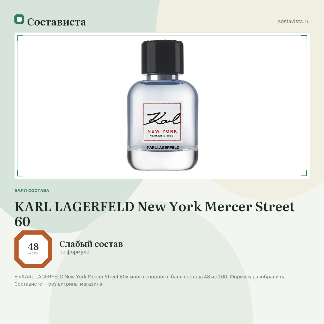 KARL LAGERFELD New York Mercer Street 60: балл состава 48 из 100 — Состависта