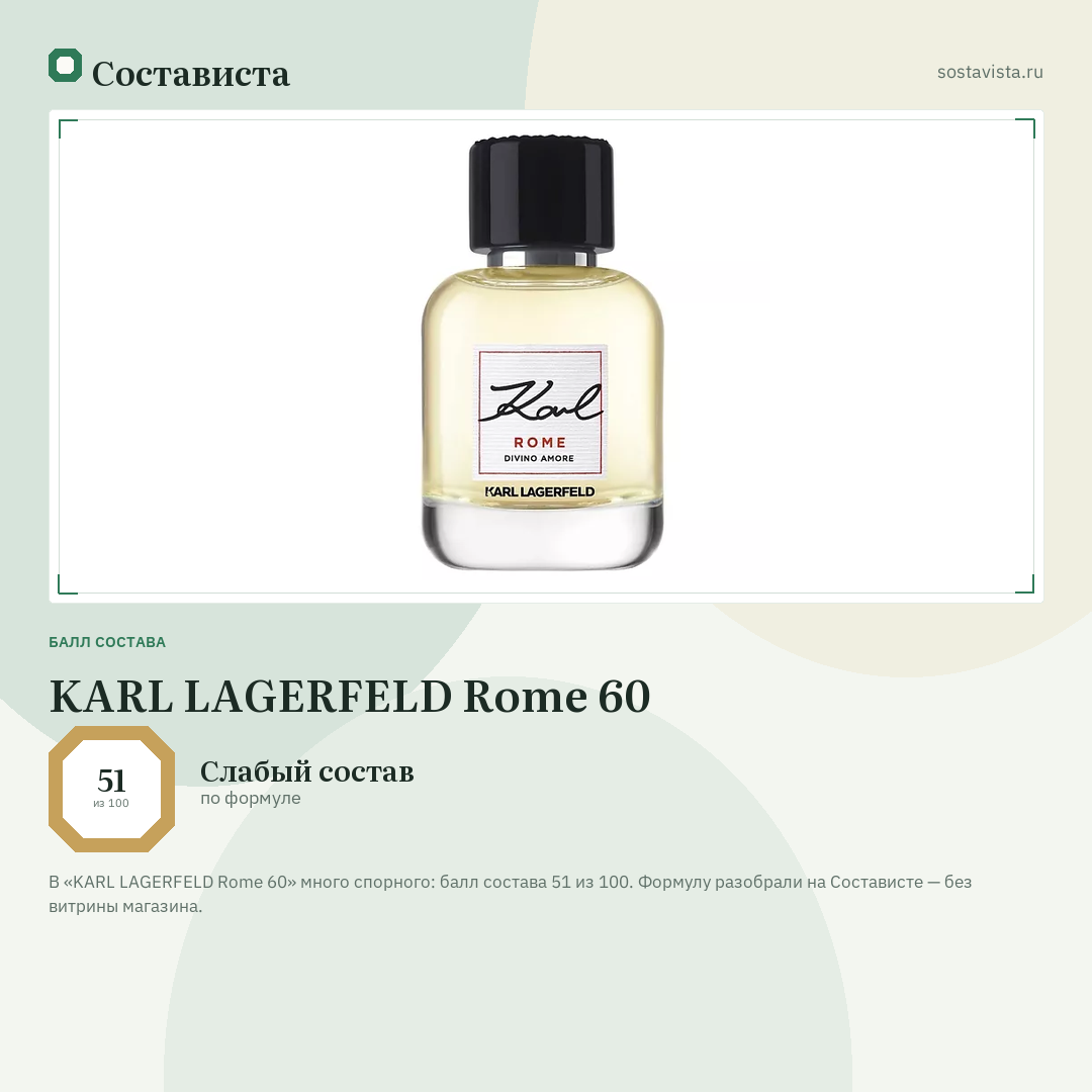 KARL LAGERFELD Rome 60: балл состава 51 из 100 — Состависта