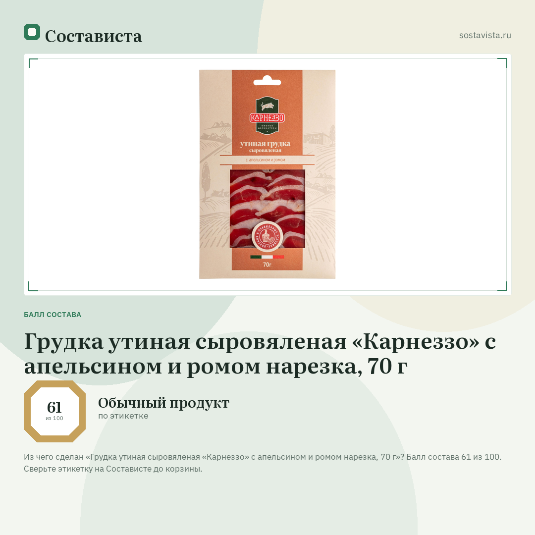 Грудка утиная сыровяленая «Карнеззо» с апельсином и ромом нарезка, 70 г: балл состава 61 из 100 — Состависта