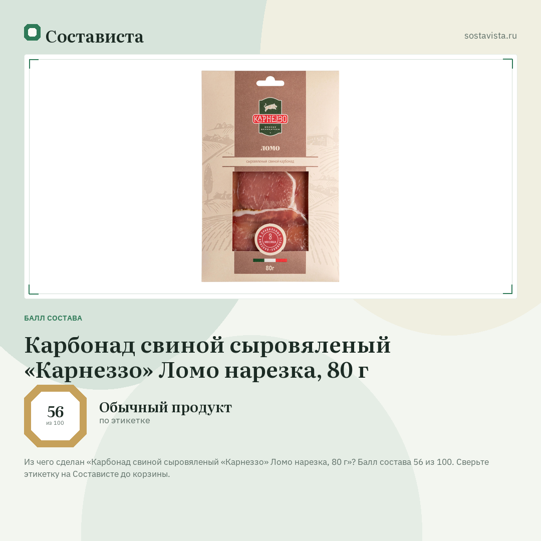 Карбонад свиной сыровяленый «Карнеззо» Ломо нарезка, 80 г: балл состава 56 из 100 — Состависта