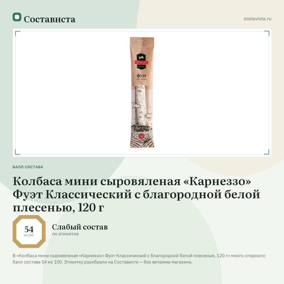 Колбаса мини сыровяленая «Карнеззо» Фуэт Классический с благородной белой плесенью, 120 г: балл состава 54 из 100 — Состависта