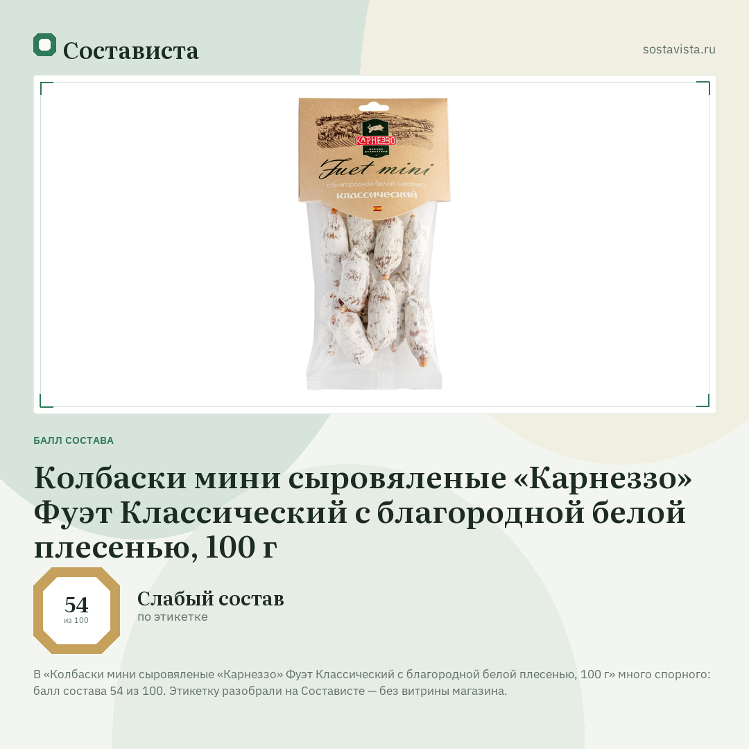 Колбаски мини сыровяленые «Карнеззо» Фуэт Классический с благородной белой плесенью, 100 г: балл состава 54 из 100 — Состависта