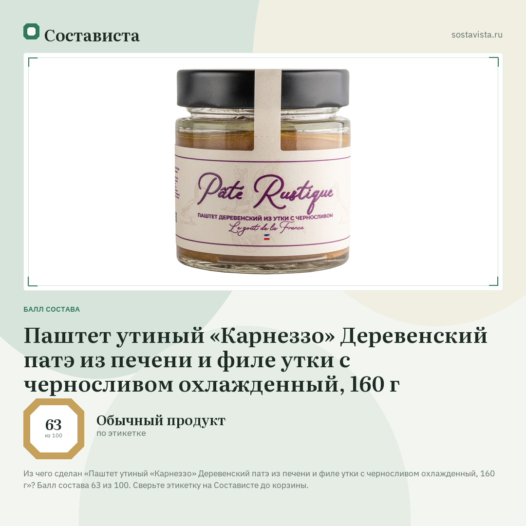 Паштет утиный «Карнеззо» Деревенский патэ из печени и филе утки с черносливом охлажденный, 160 г: балл состава 63 из 100 — Состависта