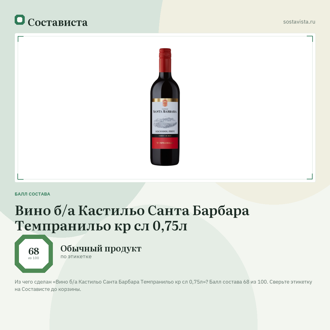Вино б/а Кастильо Санта Барбара Темпранильо кр сл 0,75л: балл состава 68 из 100 — Состависта
