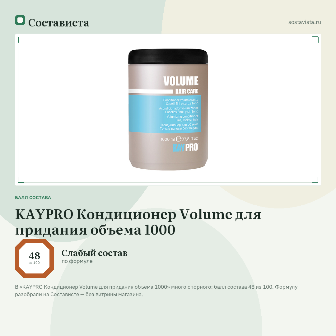 KAYPRO Кондиционер Volume для придания объема 1000: балл состава 48 из 100 — Состависта