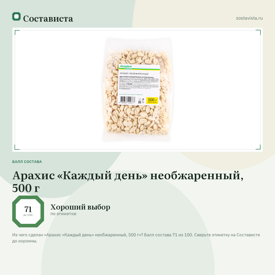 Арахис «Каждый день» необжаренный, 500 г: балл состава 71 из 100 — Состависта
