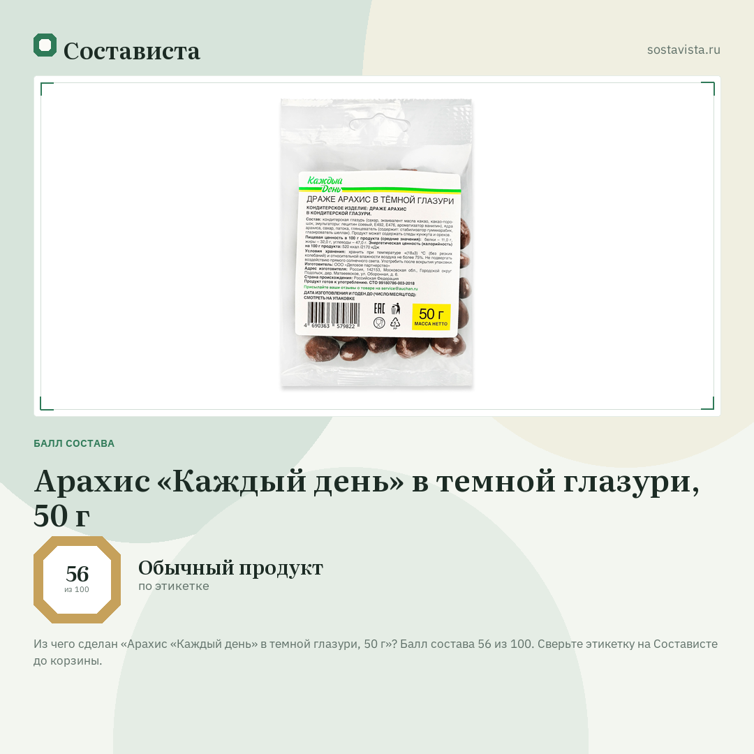 Арахис «Каждый день» в темной глазури, 50 г: балл состава 56 из 100 — Состависта