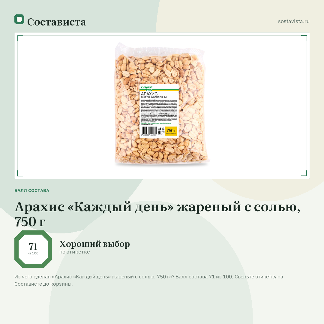 Арахис «Каждый день» жареный с солью, 750 г: балл состава 71 из 100 — Состависта