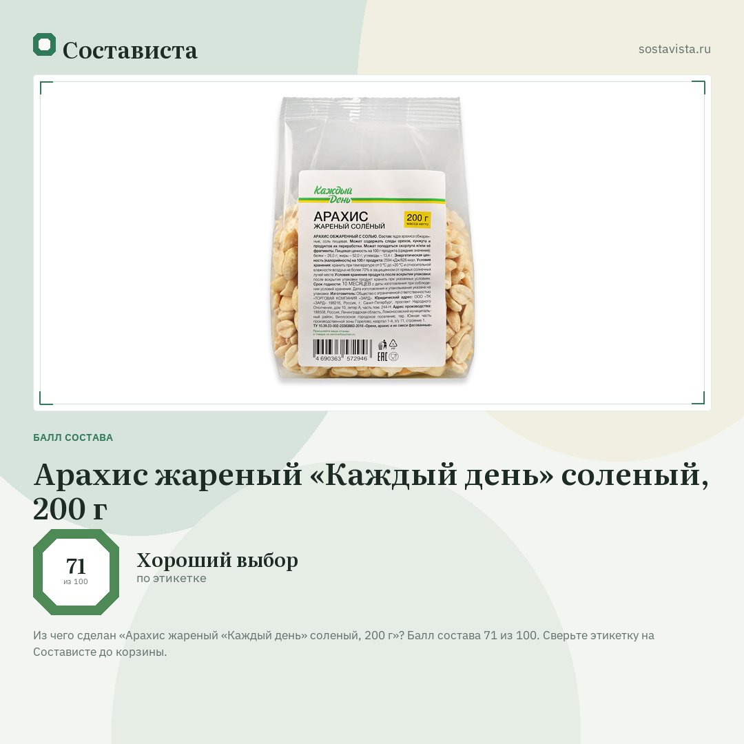 Арахис жареный «Каждый день» соленый, 200 г: балл состава 71 из 100 — Состависта