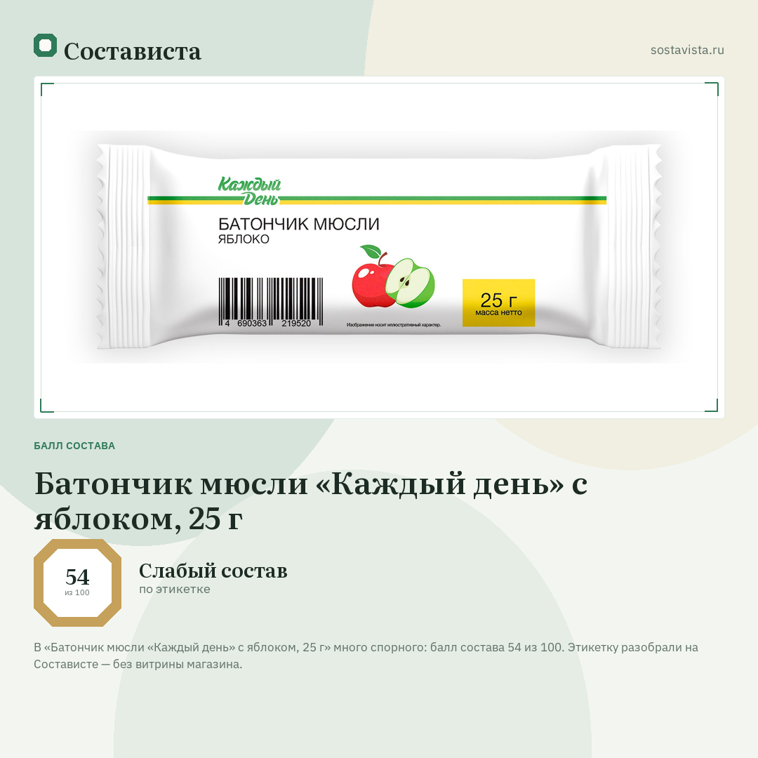 Батончик мюсли «Каждый день» с яблоком, 25 г: балл состава 54 из 100 — Состависта