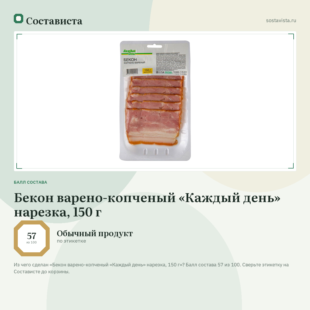 Бекон варено-копченый «Каждый день» нарезка, 150 г: балл состава 57 из 100 — Состависта