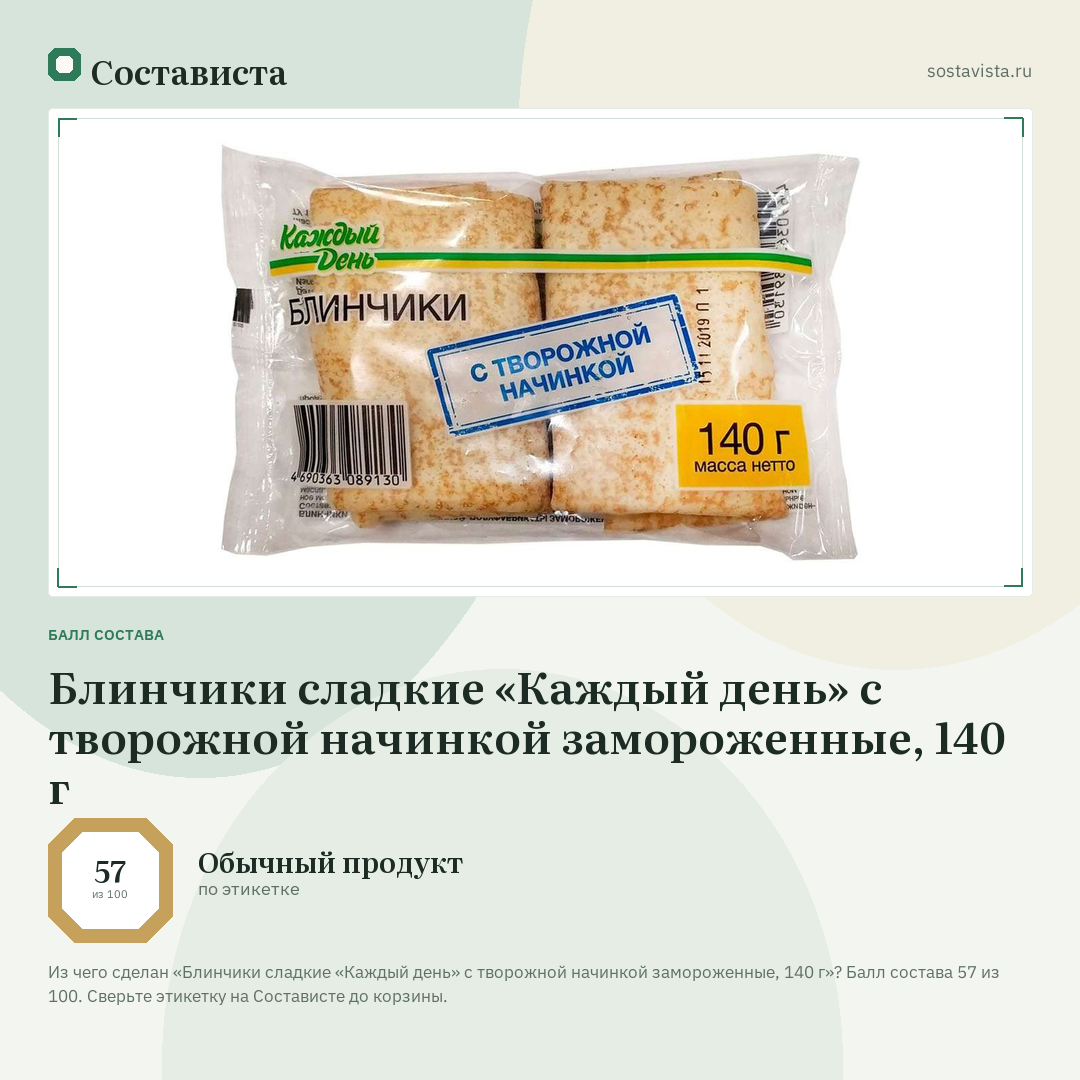 Блинчики сладкие «Каждый день» с творожной начинкой замороженные, 140 г: балл состава 57 из 100 — Состависта