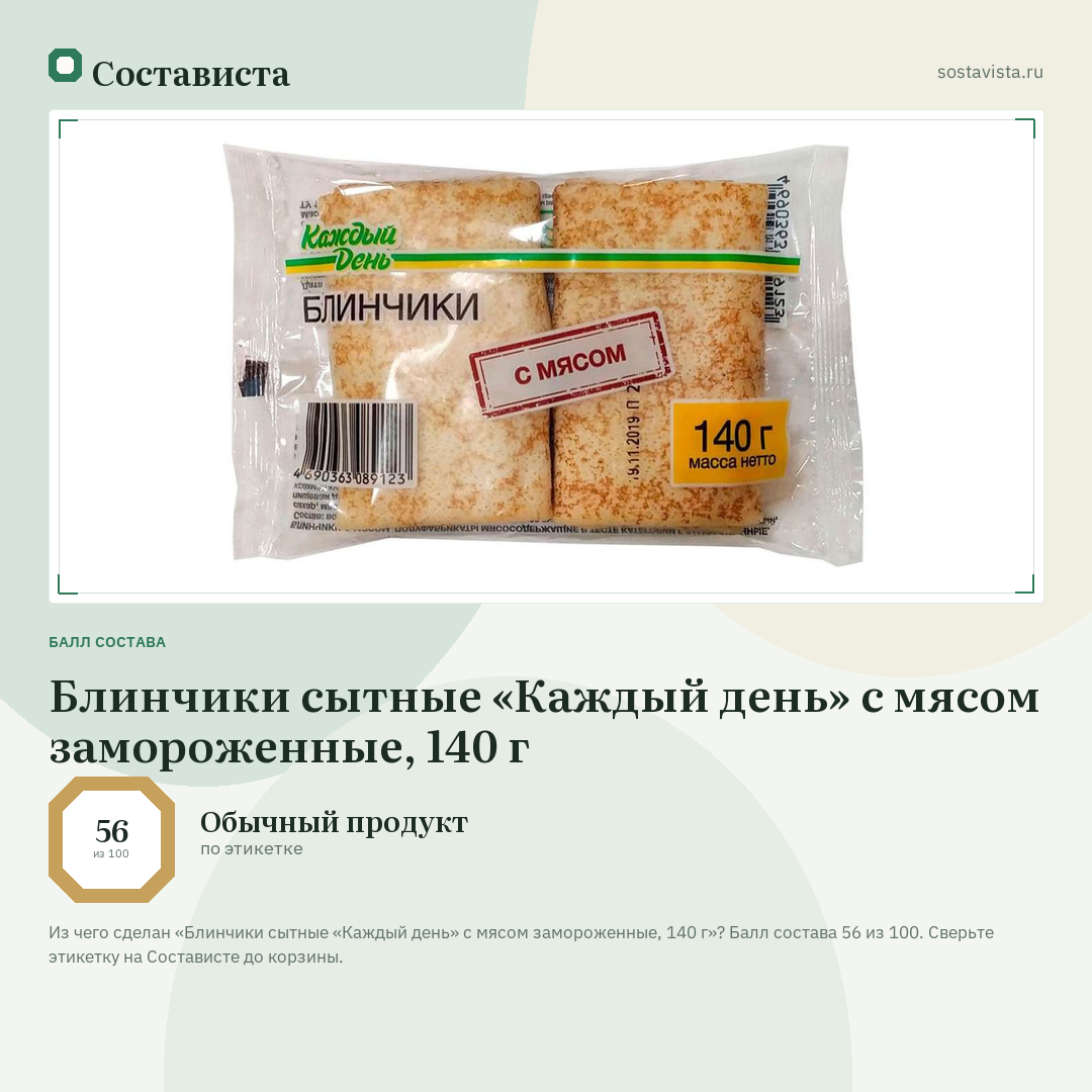 Блинчики сытные «Каждый день» с мясом замороженные, 140 г: балл состава 56 из 100 — Состависта