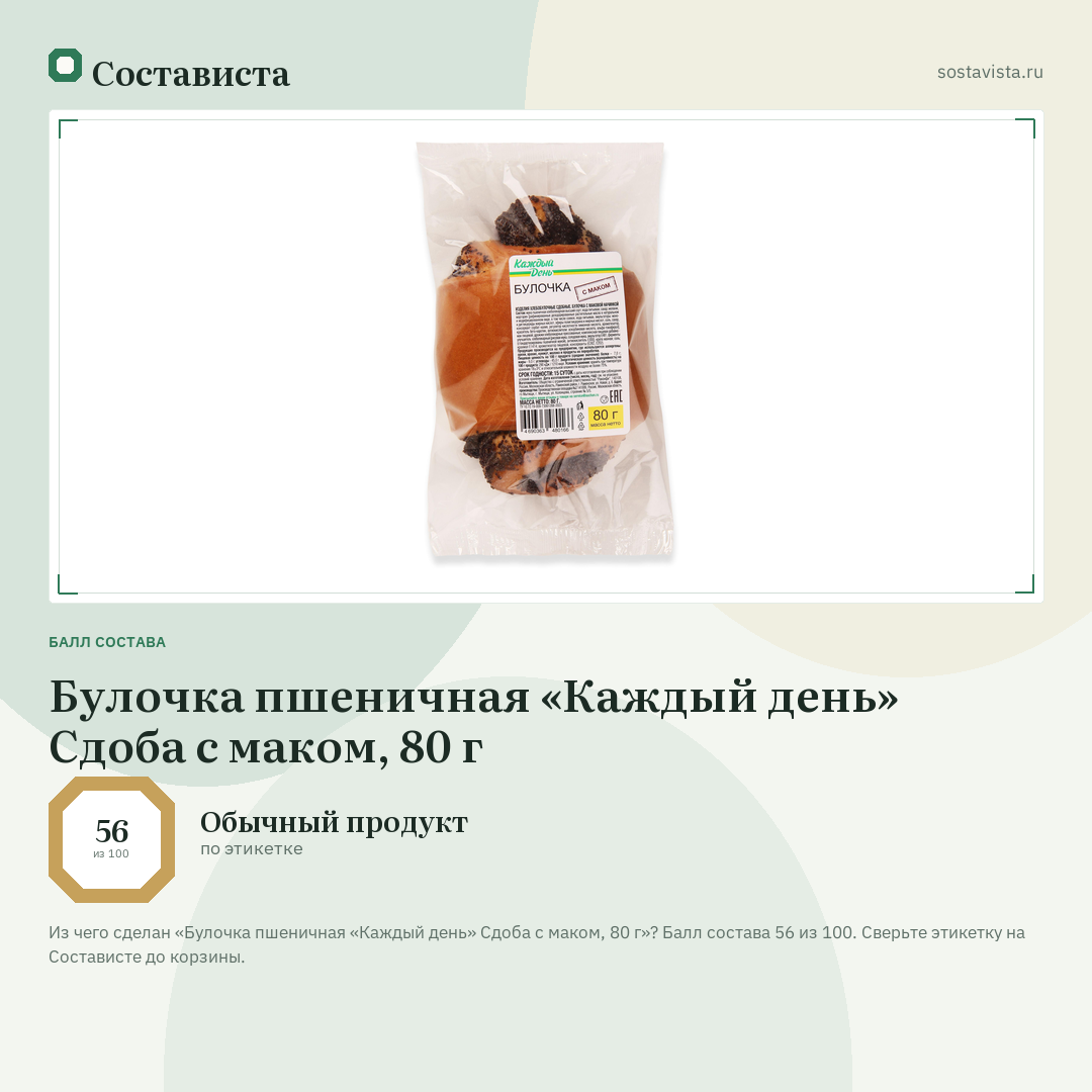 Булочка пшеничная «Каждый день» Сдоба с маком, 80 г: балл состава 56 из 100 — Состависта