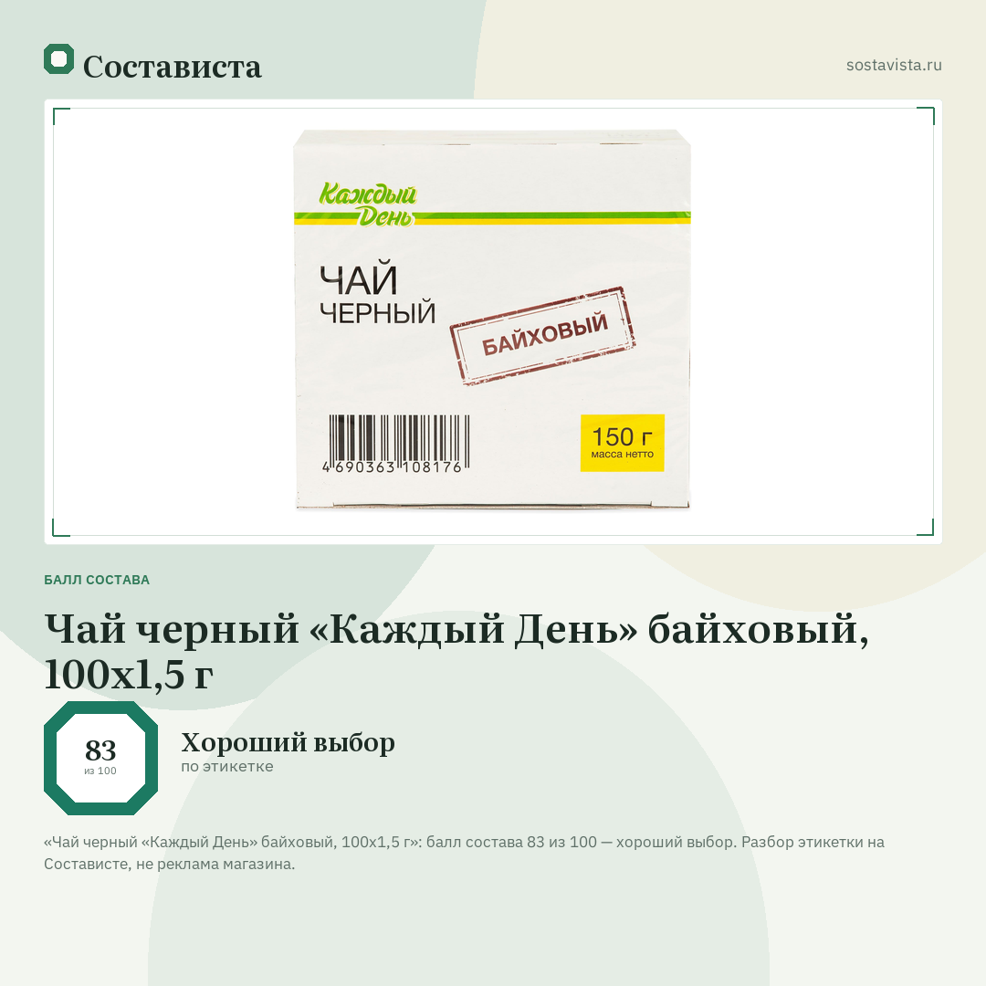 Чай черный «Каждый День» байховый, 100x1,5 г: балл состава 83 из 100 — Состависта