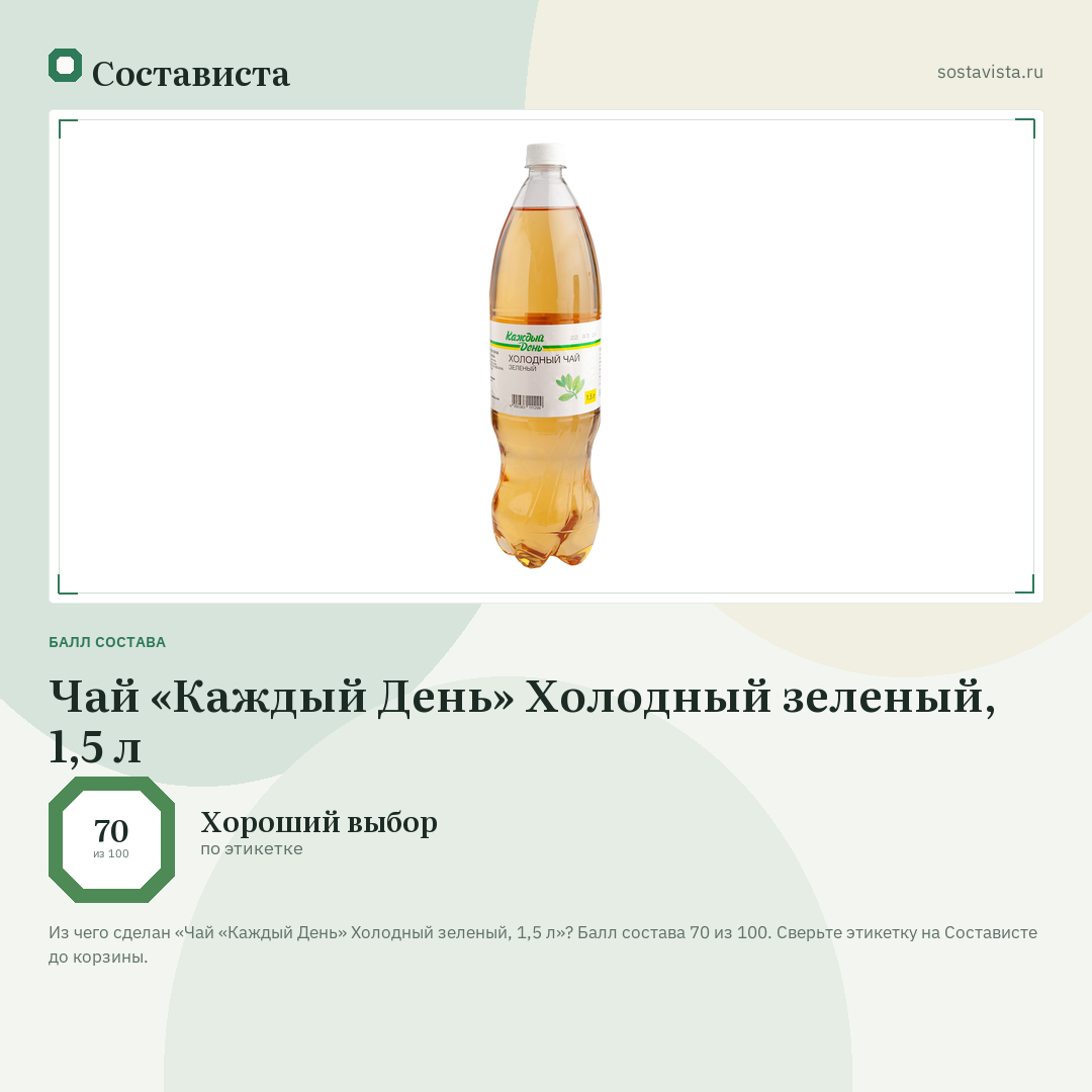 Чай «Каждый День» Холодный зеленый, 1,5 л: балл состава 70 из 100 — Состависта