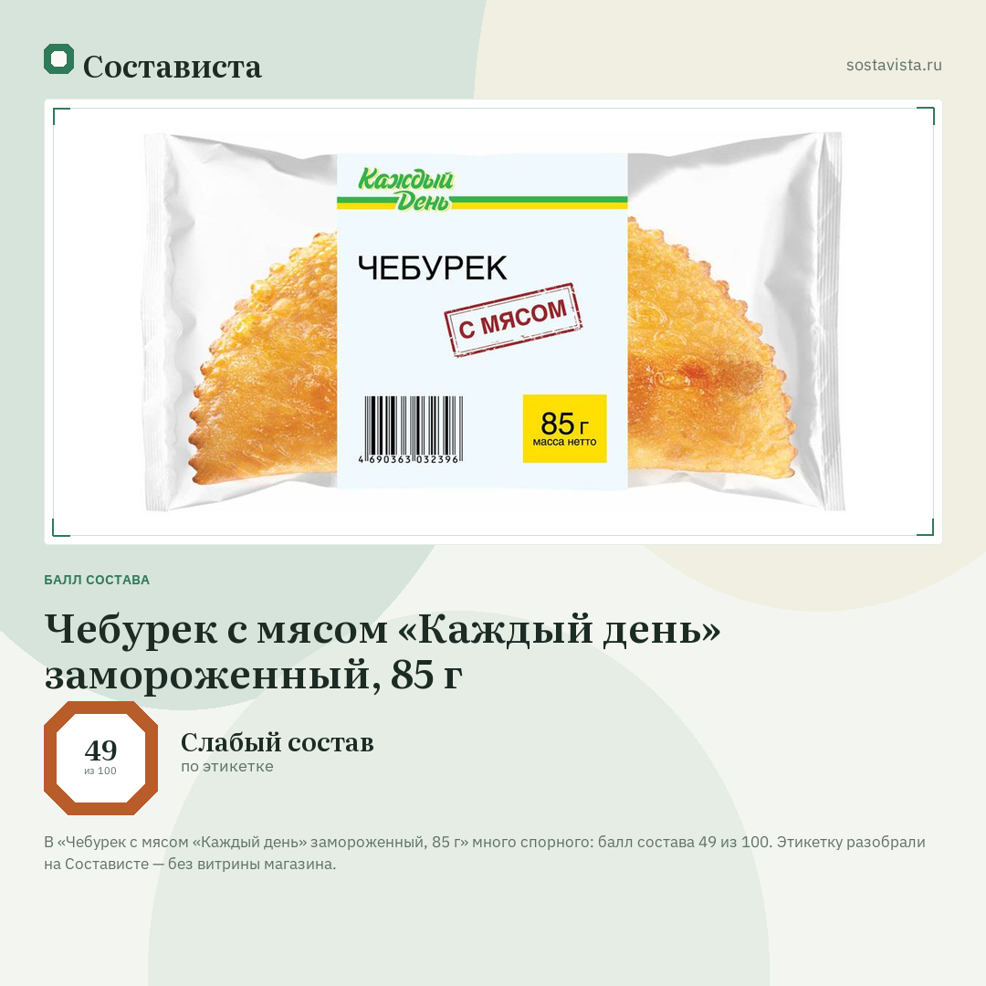 Чебурек с мясом «Каждый день» замороженный, 85 г: балл состава 49 из 100 — Состависта