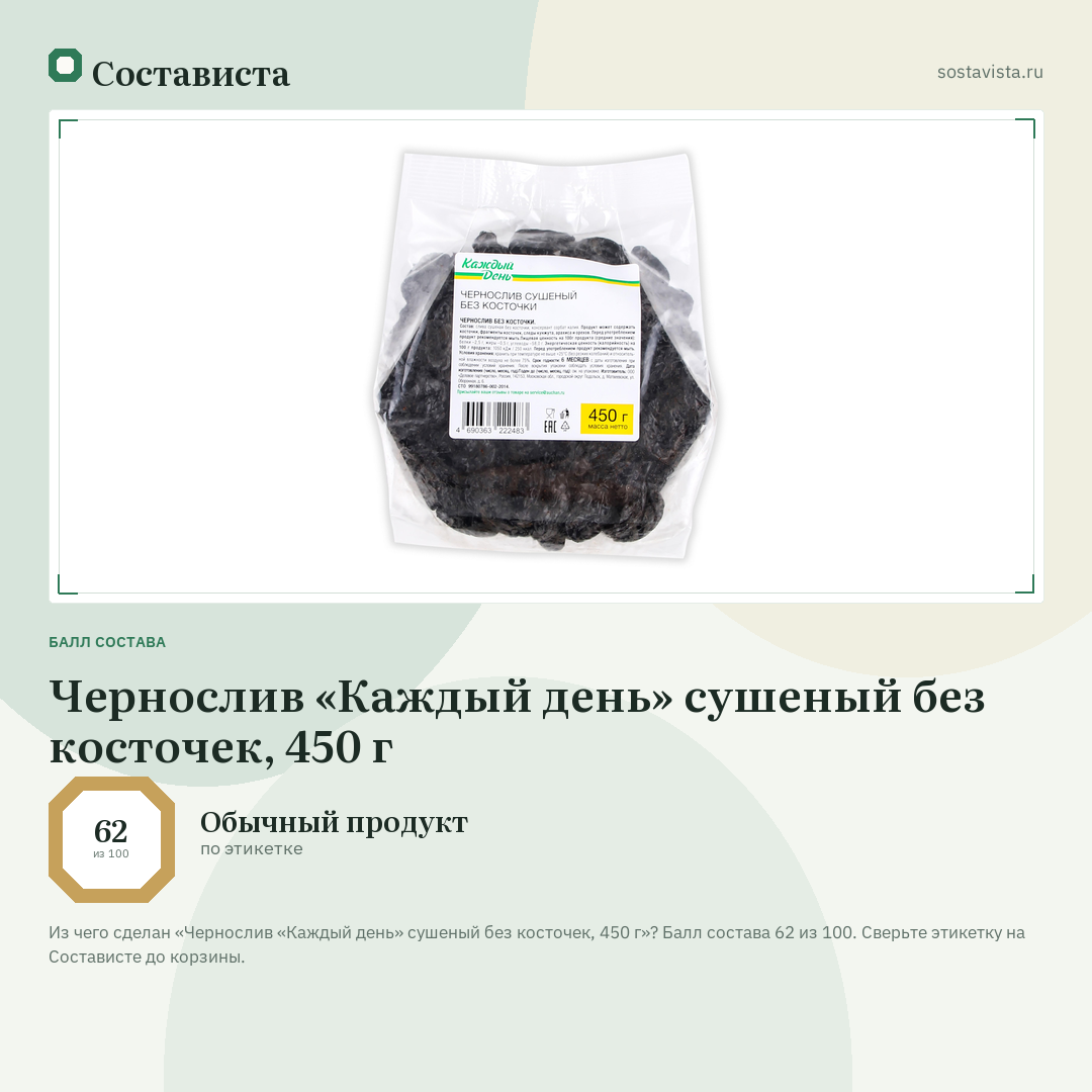 Чернослив «Каждый день» сушеный без косточек, 450 г: балл состава 62 из 100 — Состависта