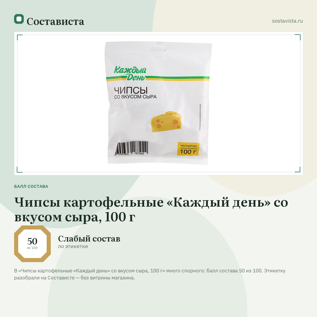 Чипсы картофельные «Каждый день» со вкусом сыра, 100 г: балл состава 50 из 100 — Состависта