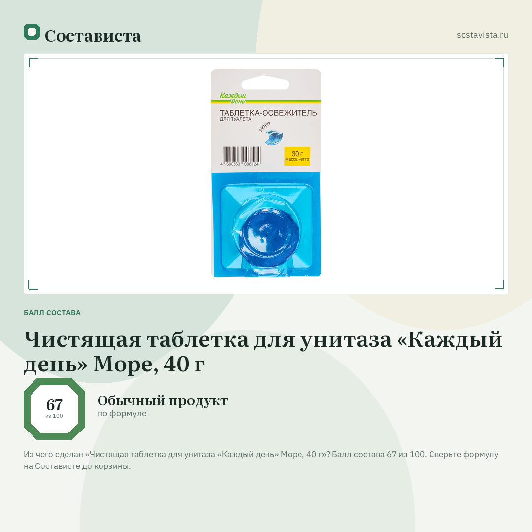 Чистящая таблетка для унитаза «Каждый день» Море, 40 г: балл состава 67 из 100 — Состависта
