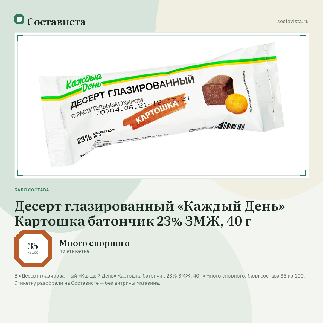 Десерт глазированный «Каждый День» Картошка батончик 23% ЗМЖ, 40 г: балл состава 35 из 100 — Состависта