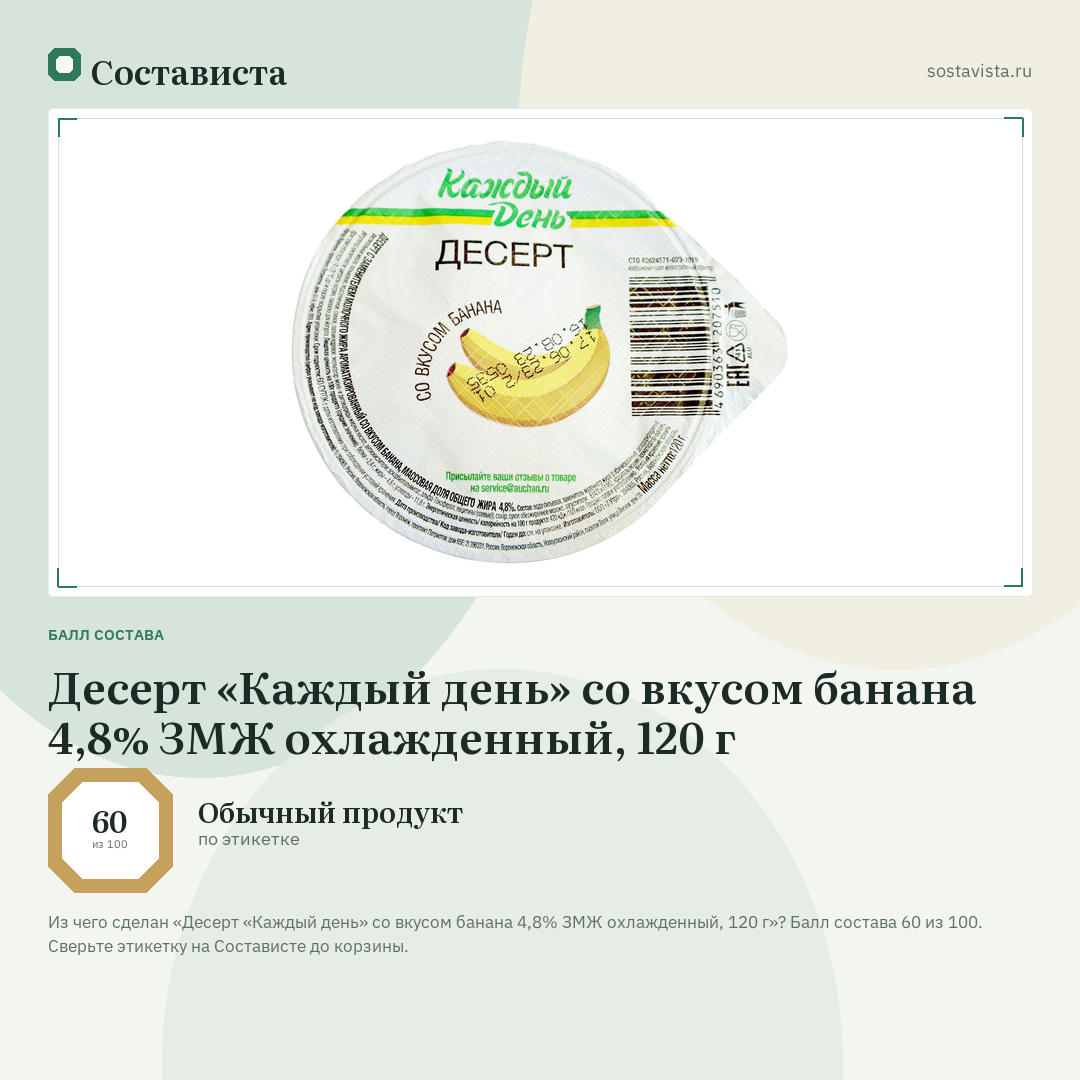 Десерт «Каждый день» со вкусом банана 4,8% ЗМЖ охлажденный, 120 г: балл состава 60 из 100 — Состависта