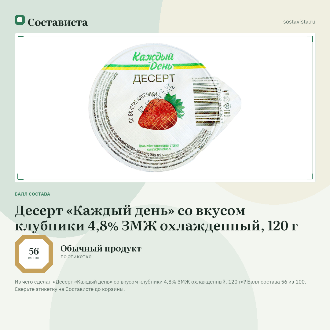 Десерт «Каждый день» со вкусом клубники 4,8% ЗМЖ охлажденный, 120 г: балл состава 56 из 100 — Состависта