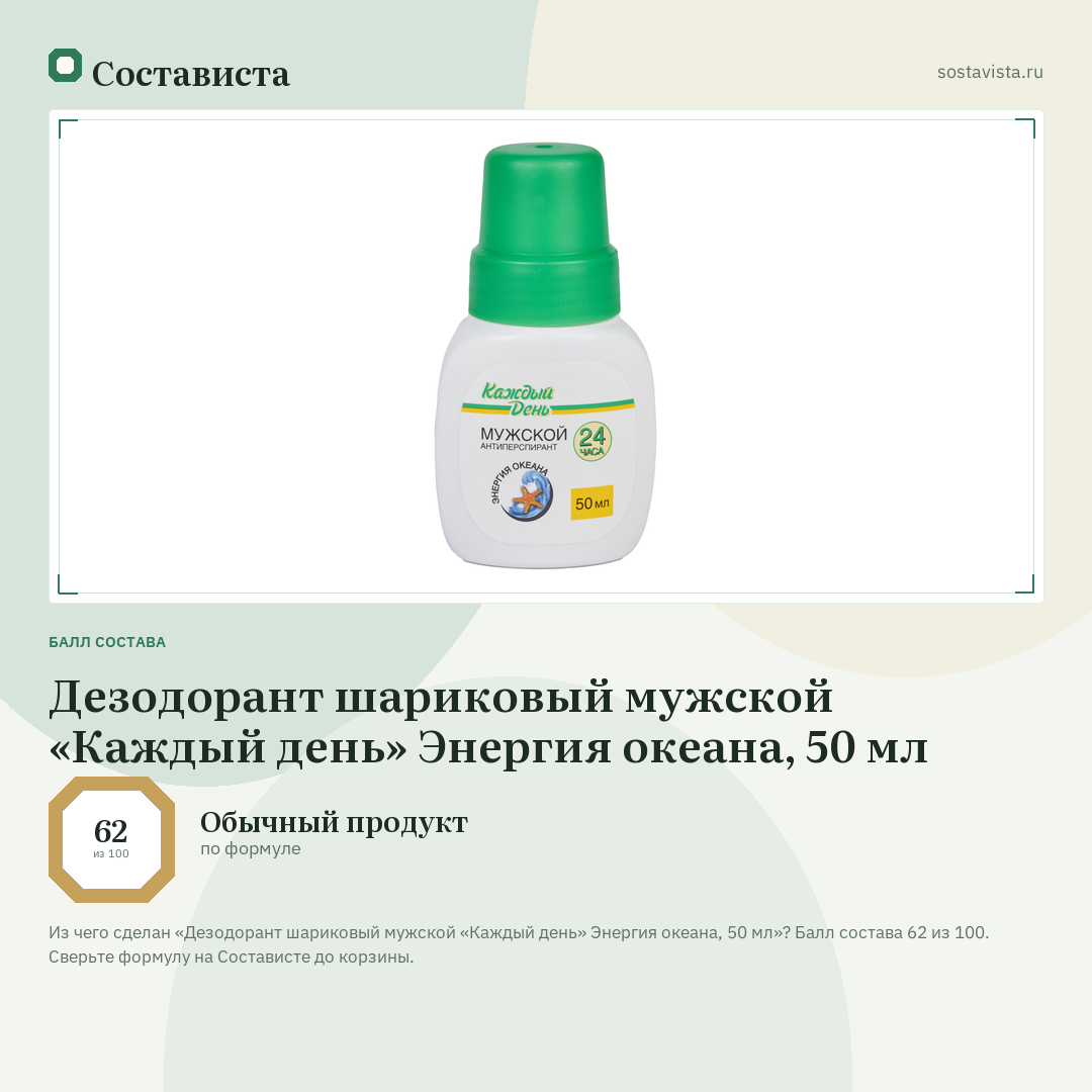 Дезодорант шариковый мужской «Каждый день» Энергия океана, 50 мл: балл состава 62 из 100 — Состависта