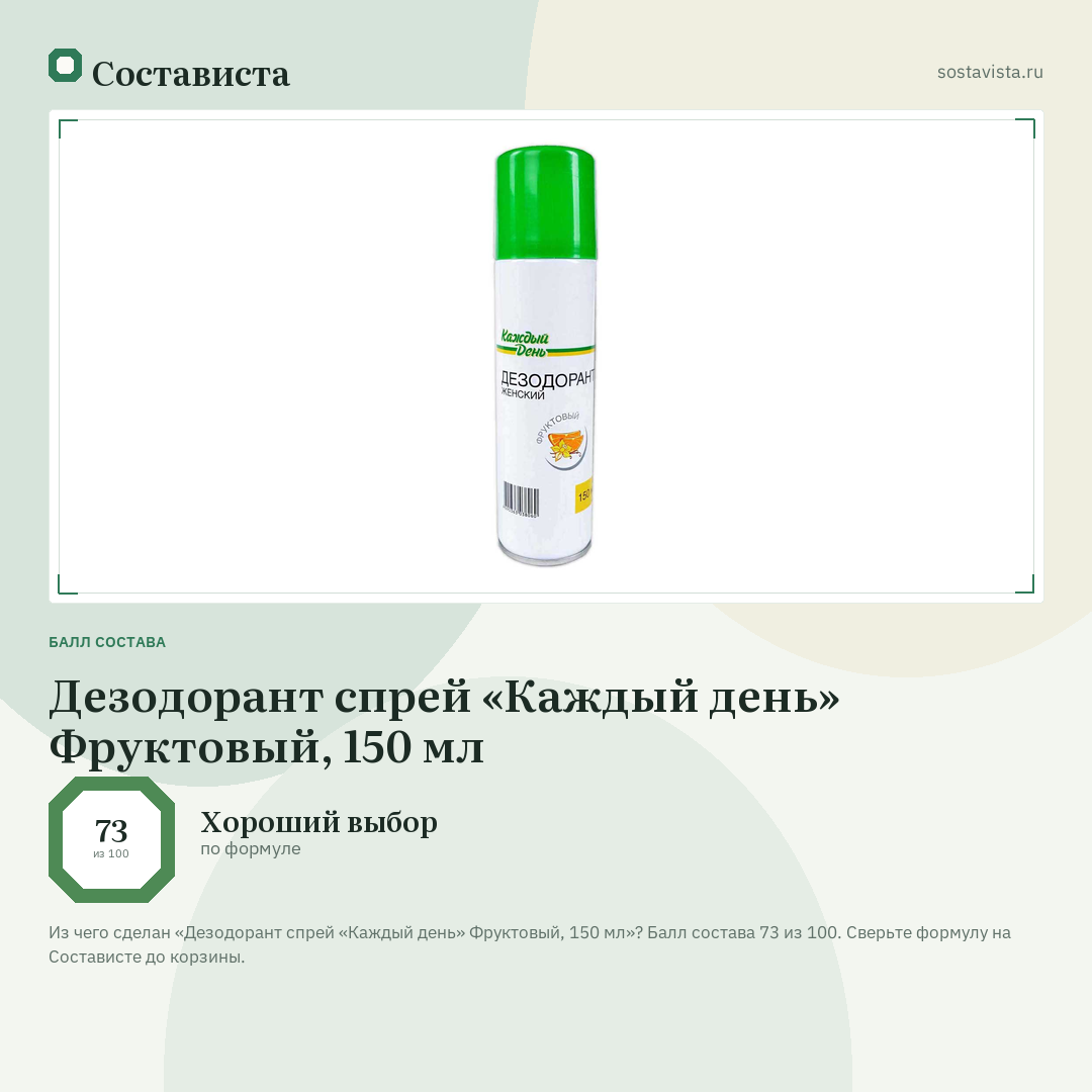 Дезодорант спрей «Каждый день» Фруктовый, 150 мл: балл состава 73 из 100 — Состависта
