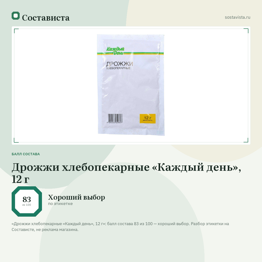 Дрожжи хлебопекарные «Каждый день», 12 г: балл состава 83 из 100 — Состависта