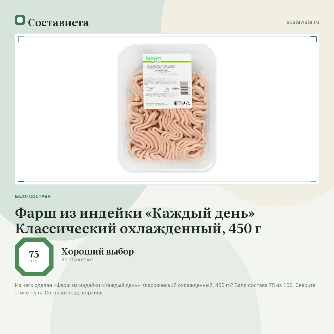 Фарш из индейки «Каждый день» Классический охлажденный, 450 г: балл состава 75 из 100 — Состависта