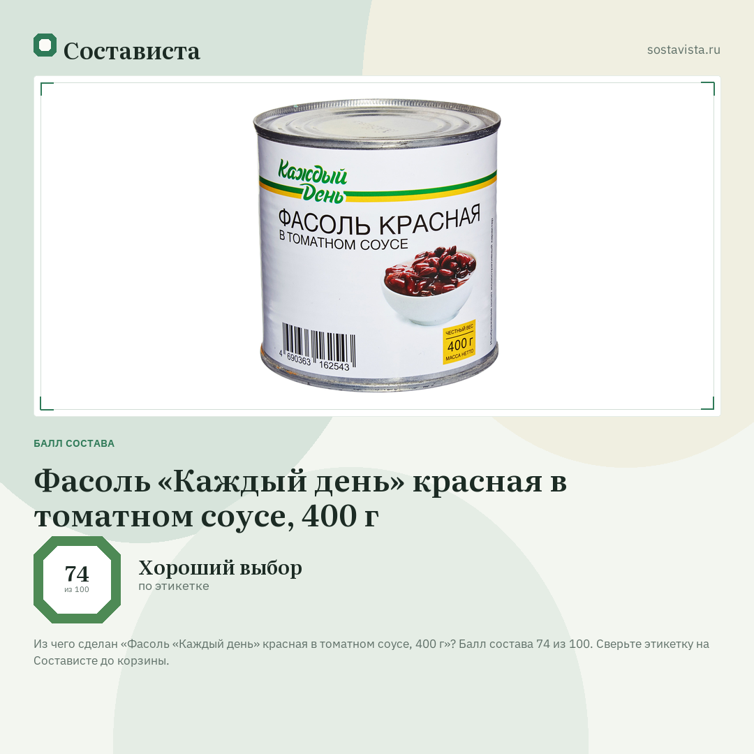 Фасоль «Каждый день» красная в томатном соусе, 400 г: балл состава 74 из 100 — Состависта