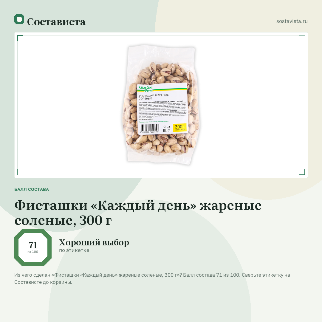 Фисташки «Каждый день» жареные соленые, 300 г: балл состава 71 из 100 — Состависта