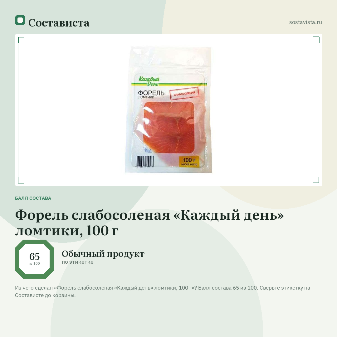 Форель слабосоленая «Каждый день» ломтики, 100 г: балл состава 65 из 100 — Состависта