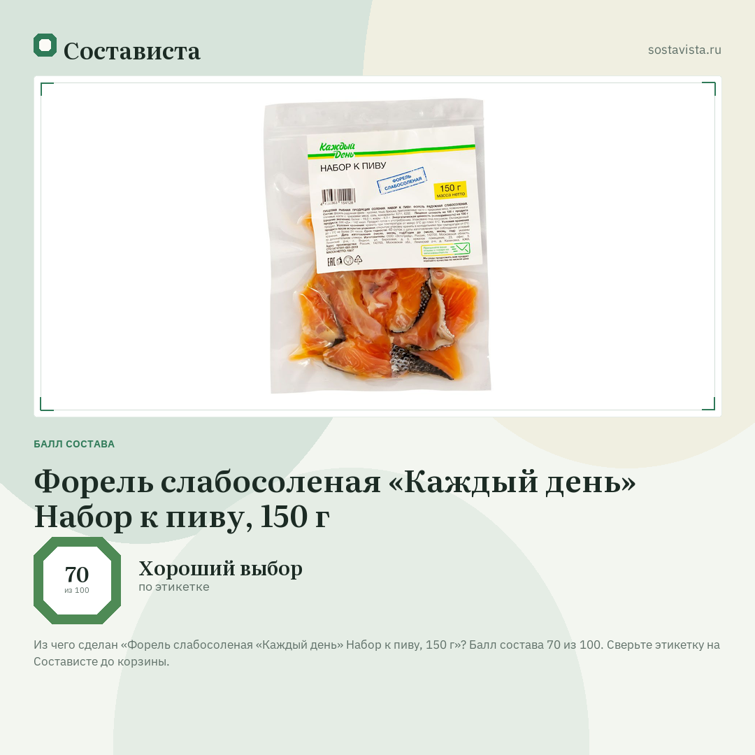 Форель слабосоленая «Каждый день» Набор к пиву, 150 г: балл состава 70 из 100 — Состависта