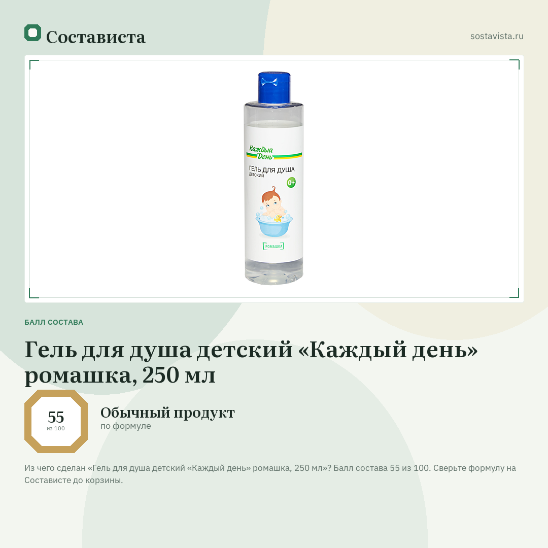 Гель для душа детский «Каждый день» ромашка, 250 мл: балл состава 55 из 100 — Состависта