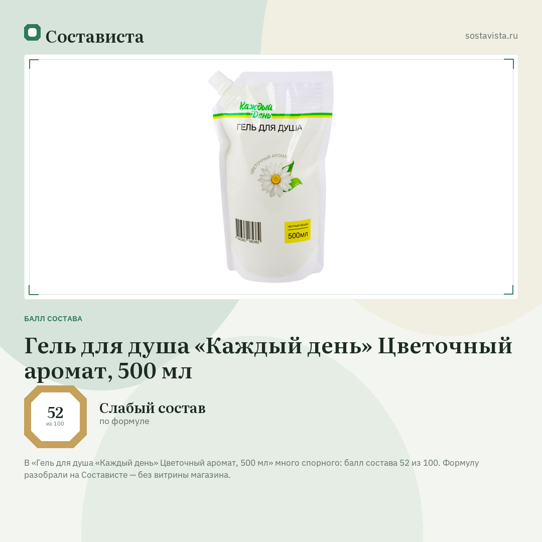 Гель для душа «Каждый день» Цветочный аромат, 500 мл: балл состава 52 из 100 — Состависта