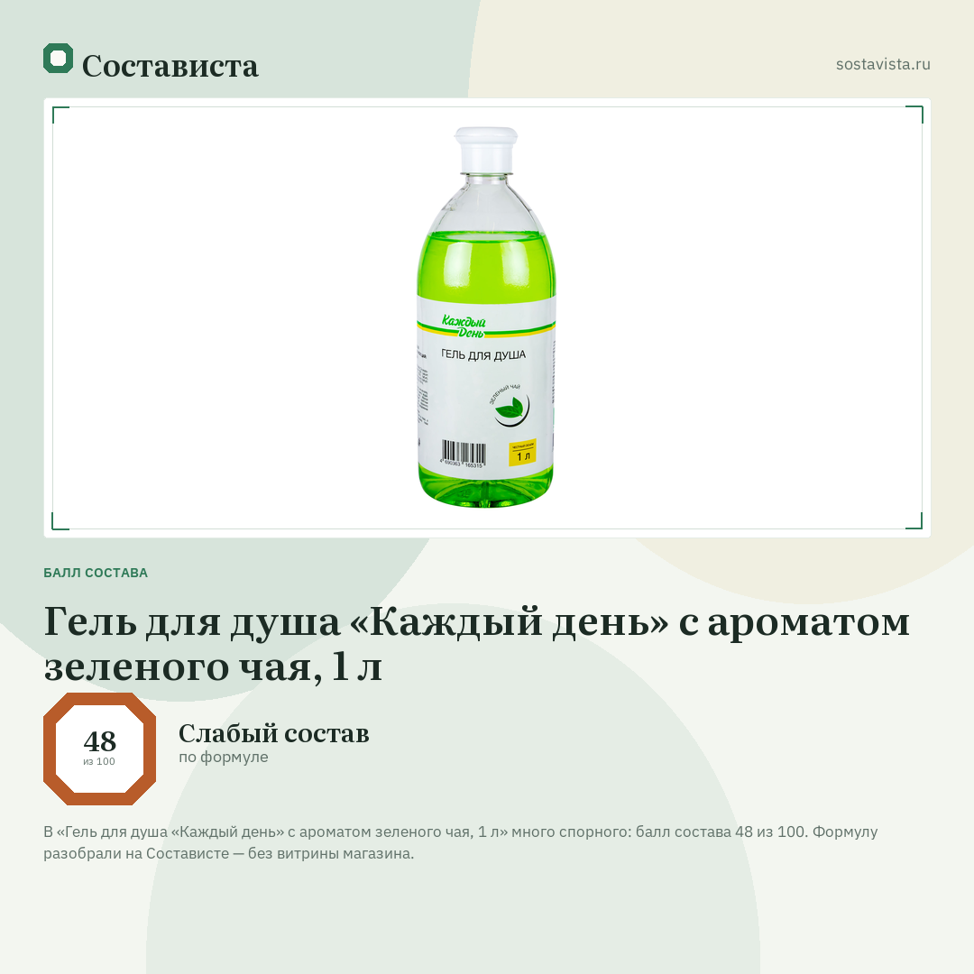 Гель для душа «Каждый день» с ароматом зеленого чая, 1 л: балл состава 48 из 100 — Состависта