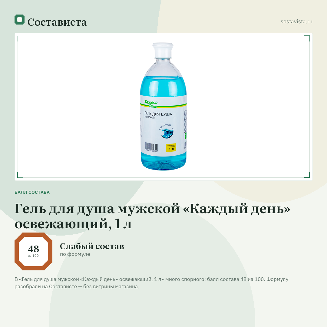 Гель для душа мужской «Каждый день» освежающий, 1 л: балл состава 48 из 100 — Состависта