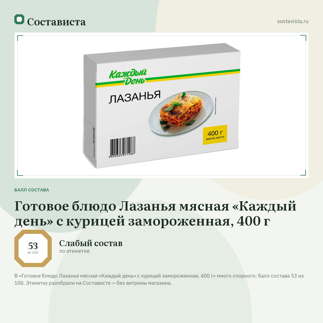 Готовое блюдо Лазанья мясная «Каждый день» с курицей замороженная, 400 г: балл состава 53 из 100 — Состависта