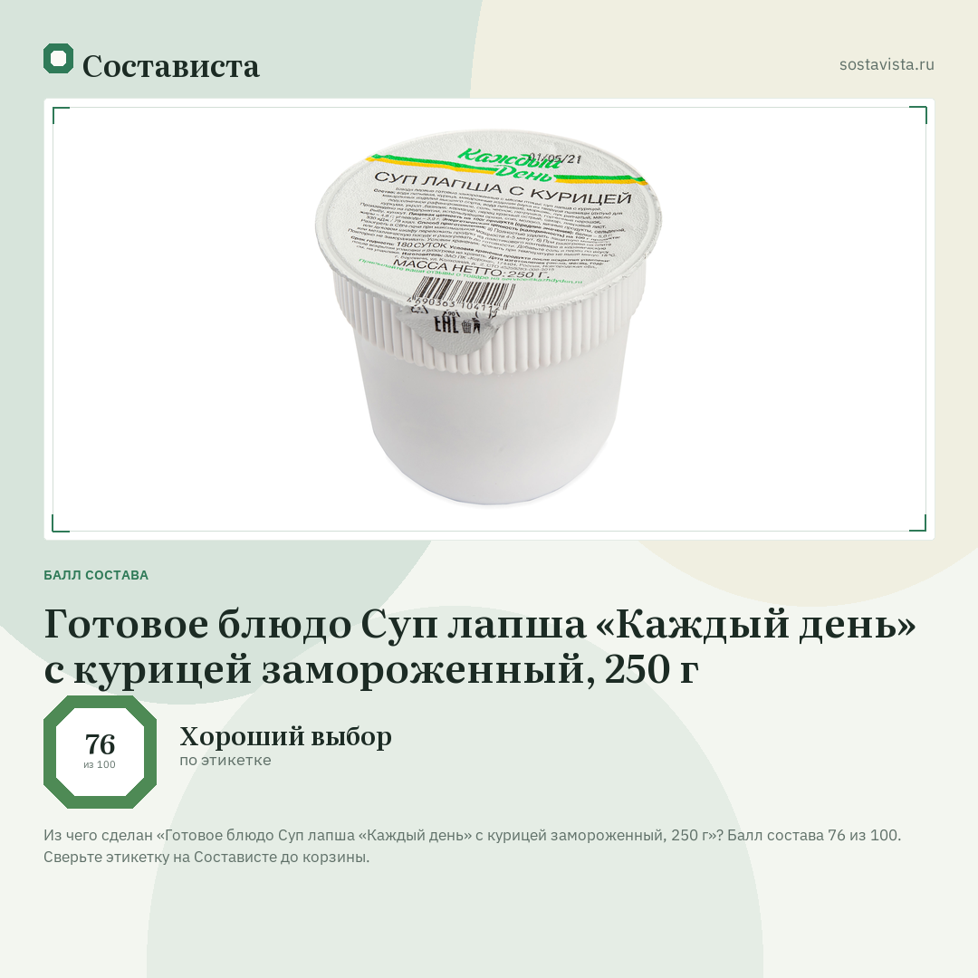 Готовое блюдо Суп лапша «Каждый день» с курицей замороженный, 250 г: балл состава 76 из 100 — Состависта