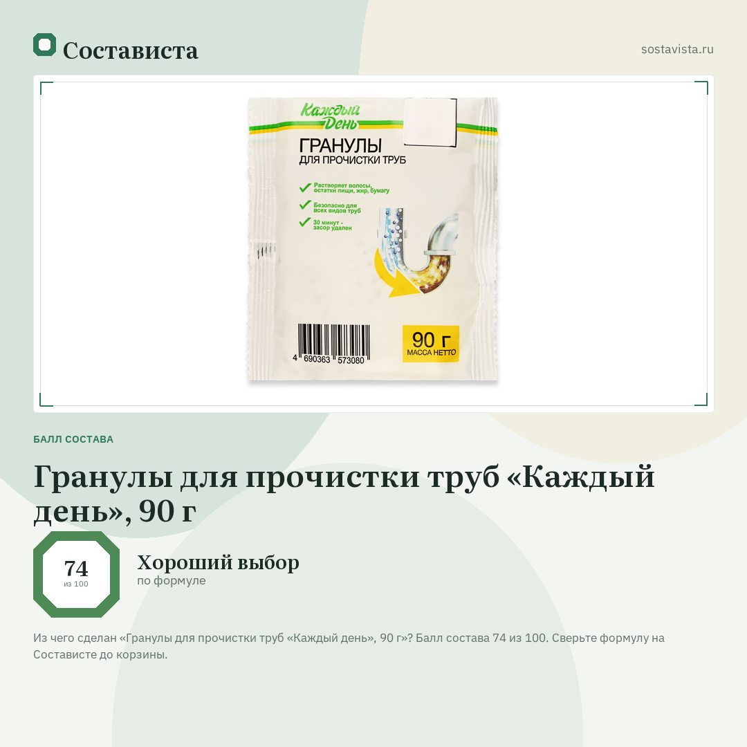 Гранулы для прочистки труб «Каждый день», 90 г: балл состава 74 из 100 — Состависта