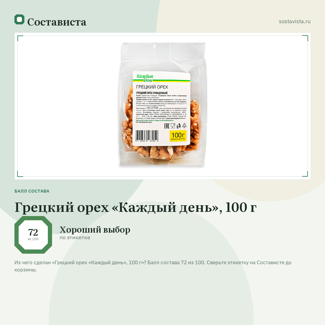 Грецкий орех «Каждый день», 100 г: балл состава 72 из 100 — Состависта