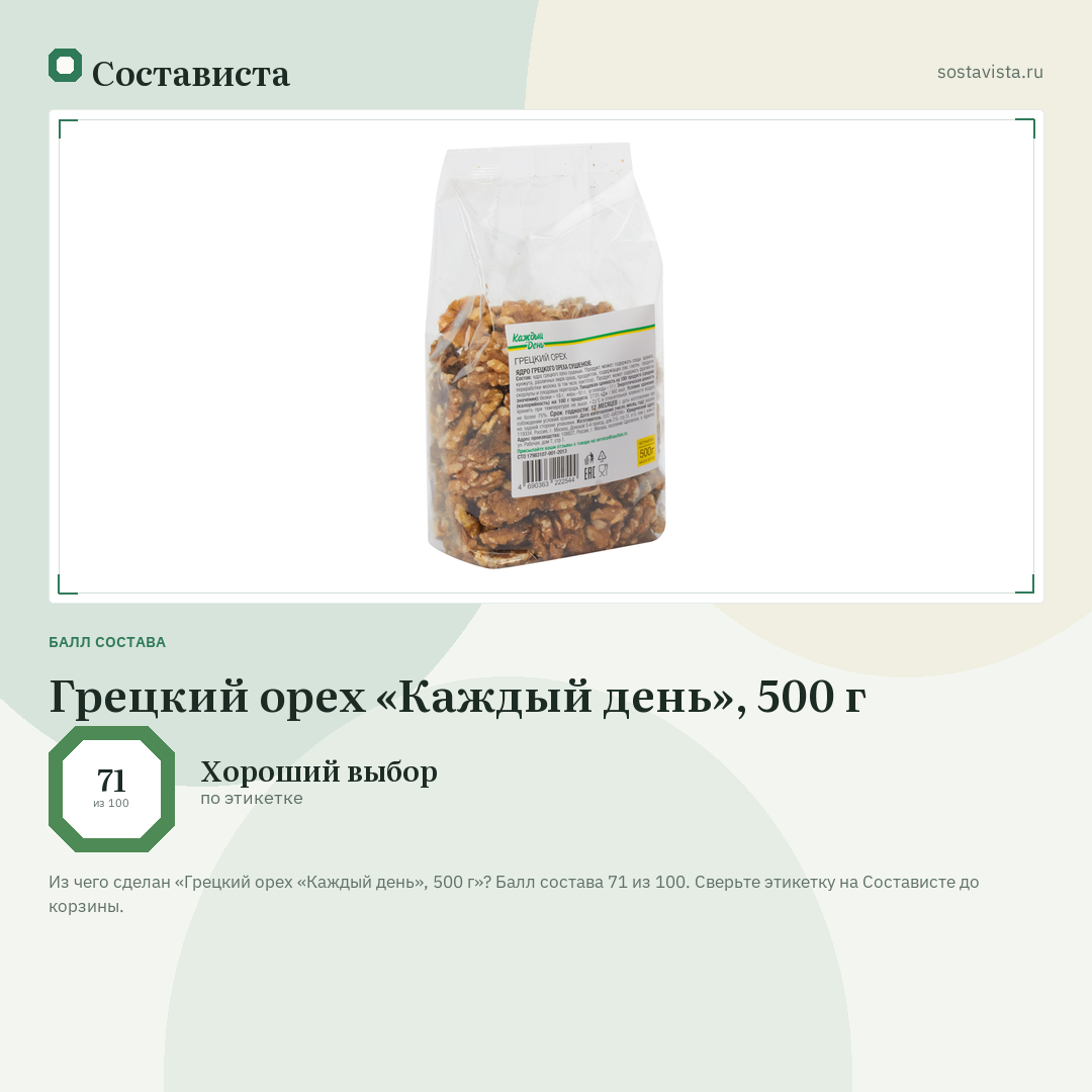 Грецкий орех «Каждый день», 500 г: балл состава 71 из 100 — Состависта