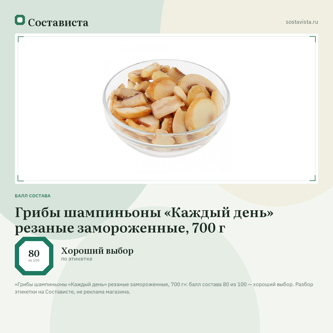 Грибы шампиньоны «Каждый день» резаные замороженные, 700 г: балл состава 80 из 100 — Состависта