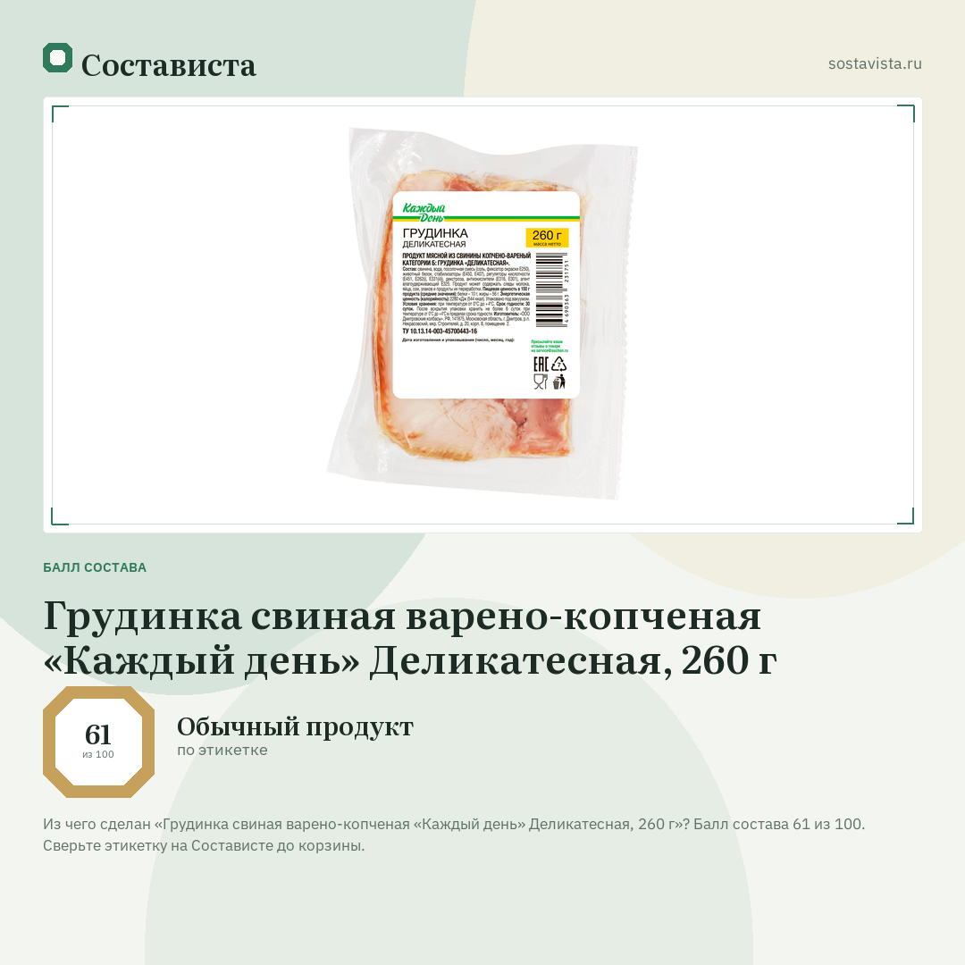 Грудинка свиная варено-копченая «Каждый день» Деликатесная, 260 г: балл состава 61 из 100 — Состависта