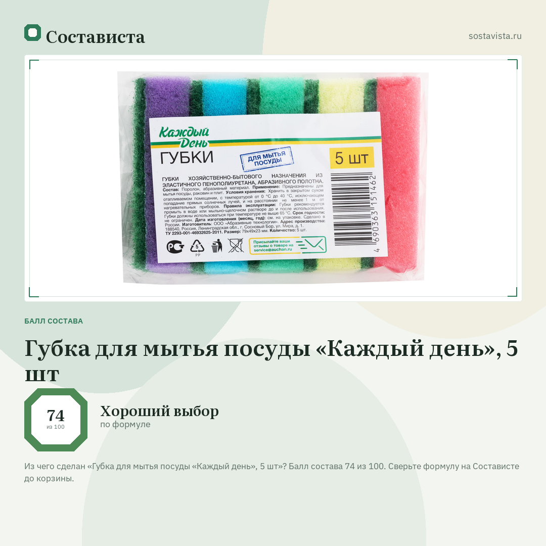 Губка для мытья посуды «Каждый день», 5 шт: балл состава 74 из 100 — Состависта