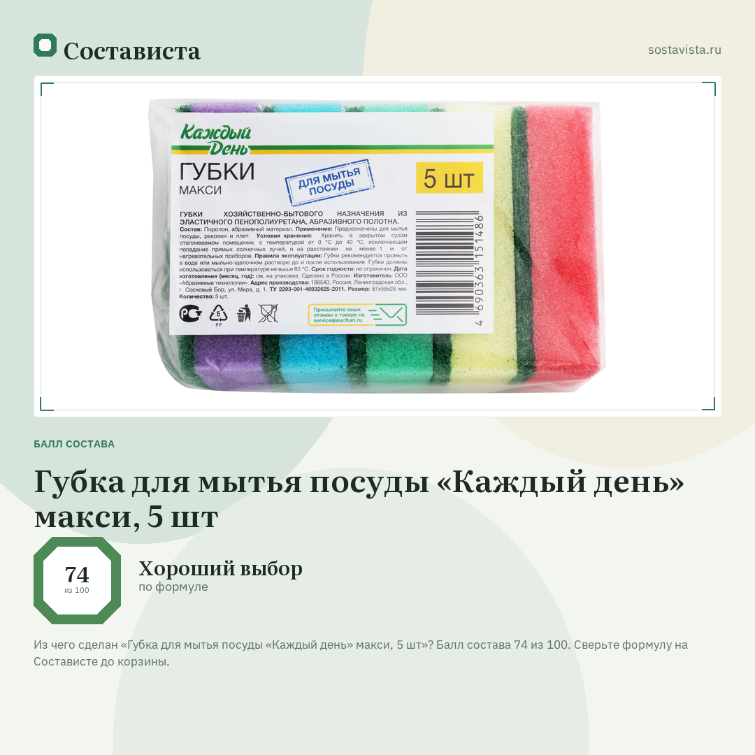 Губка для мытья посуды «Каждый день» макси, 5 шт: балл состава 74 из 100 — Состависта