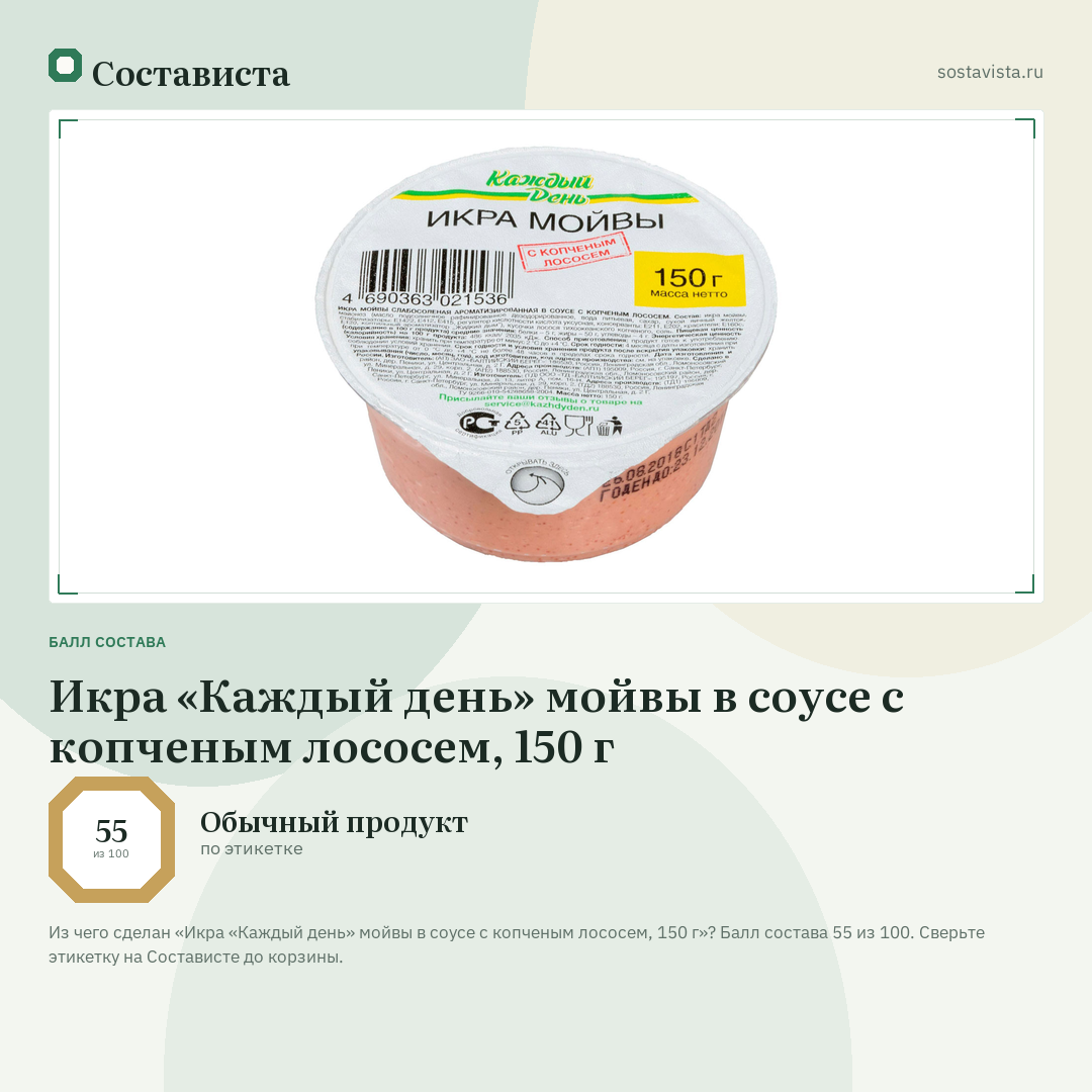 Икра «Каждый день» мойвы в соусе с копченым лососем, 150 г: балл состава 55 из 100 — Состависта