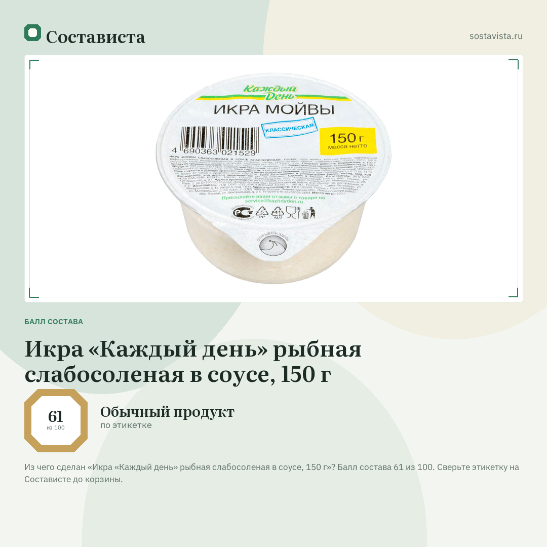Икра «Каждый день» рыбная слабосоленая в соусе, 150 г: балл состава 61 из 100 — Состависта